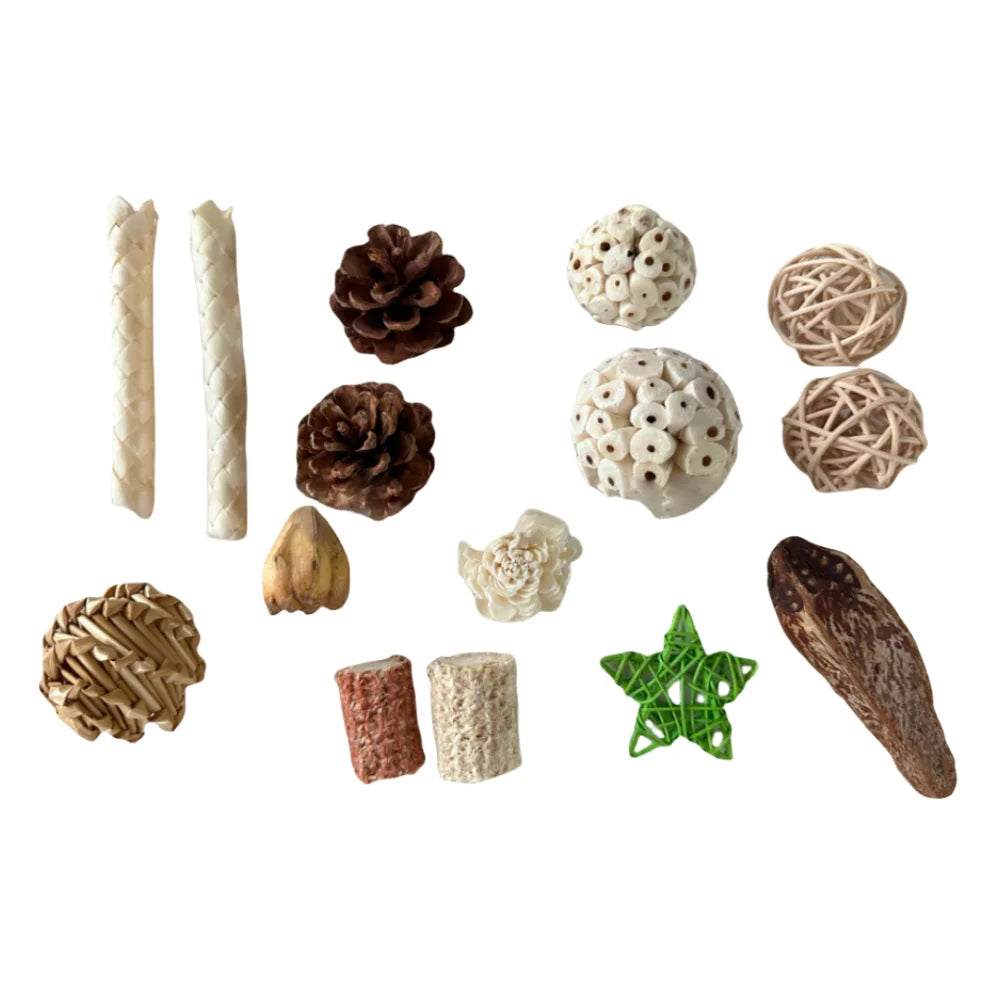 🌿 Natural Interactive Bird Toy Set 🦜Keep your Conure entertained! Crafted with natural bamboo, loofah, and rattan balls—perfect for safe chewing and shredding. ✨